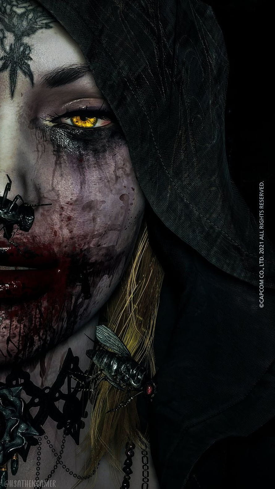 Bela Dimitrescu Close-Up Portrait with Insects and Dark Gothic Aesthetic HD phone wallpaper