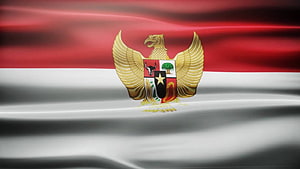 Indonesian National Flag With Golden Garuda Pancasila Emblem On Waving Fabric HD wallpaper