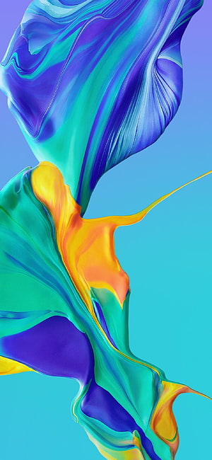Vibrant Abstract Liquid Paint Flow in Blue, Teal, and Orange on a Cyan Background HD phone wallpaper