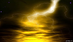 Dramatic yellow lightning storm over a dark ocean with glowing clouds and electric branches HD wallpaper