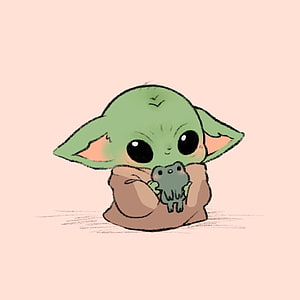 Cute Baby Yoda Holding a Small Frog in a Soft Digital Illustration HD phone wallpaper