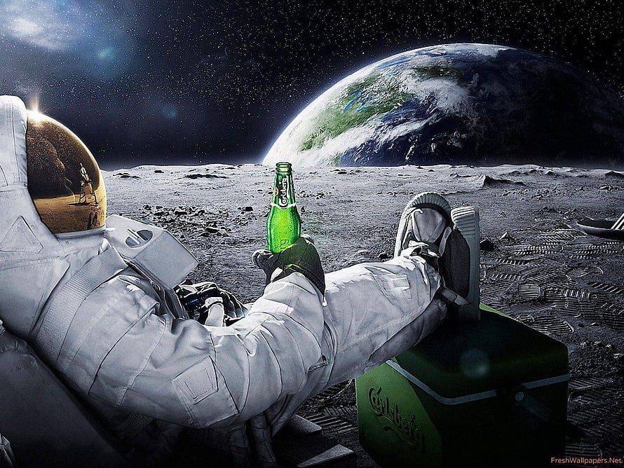 Astronaut relaxing on the lunar surface with a green beer bottle and Earth in the background HD wallpaper