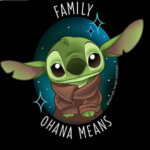 Stitch in Baby Yoda Hoodie with Ohana Means Family Text on Starry Background HD phone wallpaper
