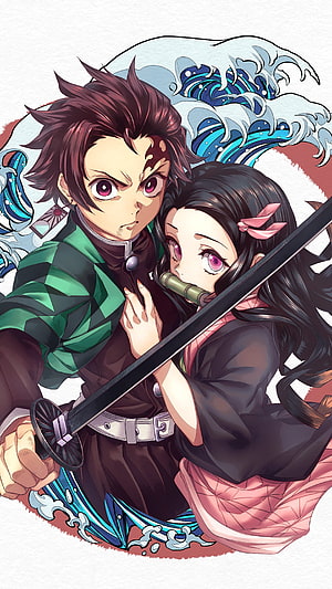 Tanjiro and Nezuko from Demon Slayer in a Dynamic Anime Illustration HD phone wallpaper