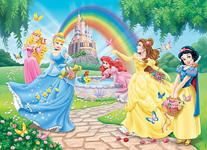 Disney Princesses in a Garden with Rainbow and Castle HD wallpaper