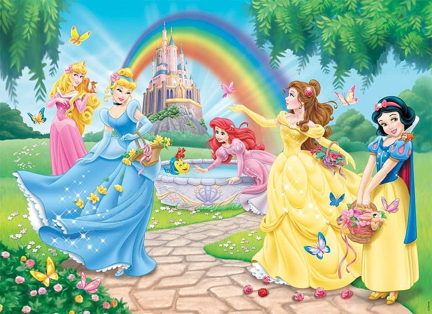 Disney Princesses in a Garden with Rainbow and Castle HD wallpaper
