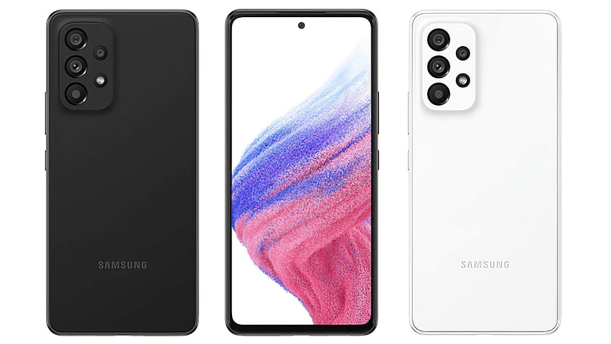 Samsung Galaxy A53 smartphone in black and white with triple camera array and vibrant display HD wallpaper