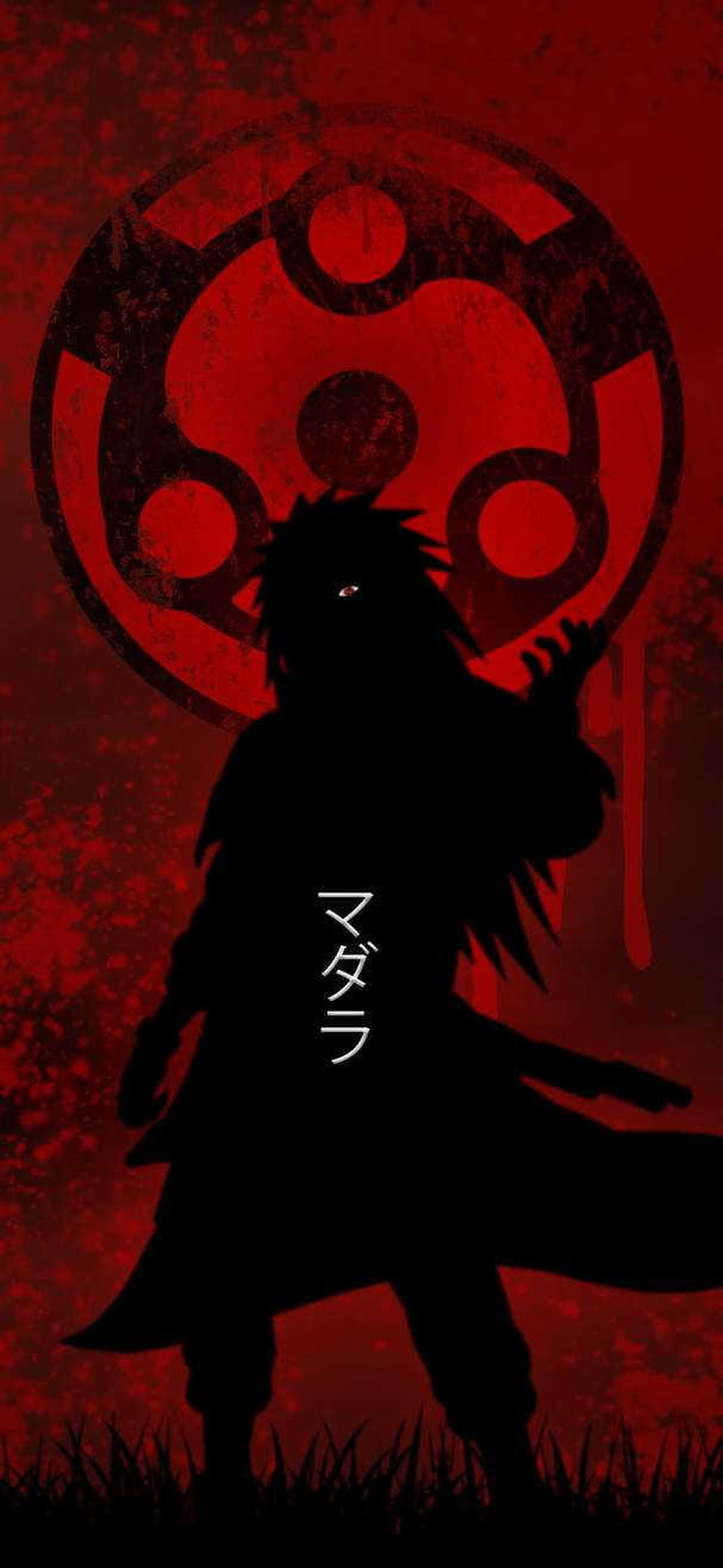 Madara Uchiha Silhouette With Uchiha Clan Symbol Against Dark Red Background HD phone wallpaper