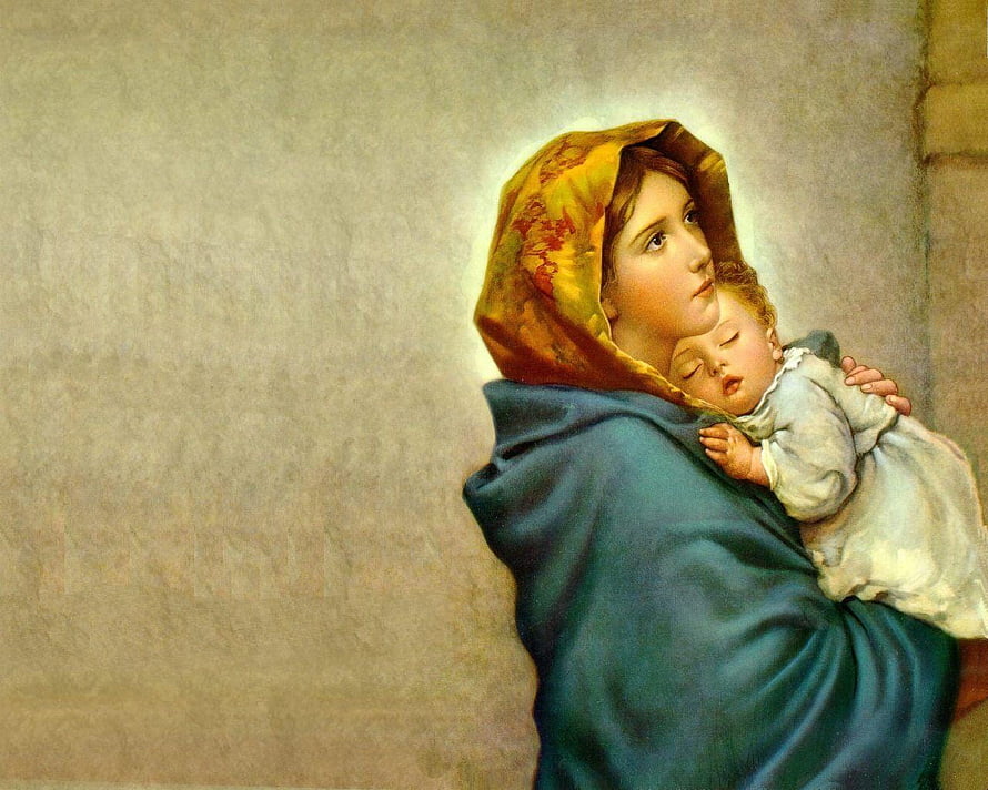 The Blessed Virgin Mary Holding the Infant Jesus in a Classic Religious Painting HD wallpaper