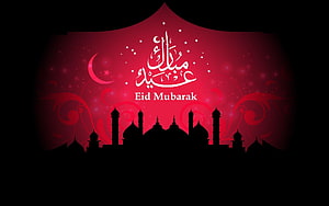 Eid Mubarak Greeting Card With Mosque Silhouette And Crescent Moon On Red Background HD wallpaper