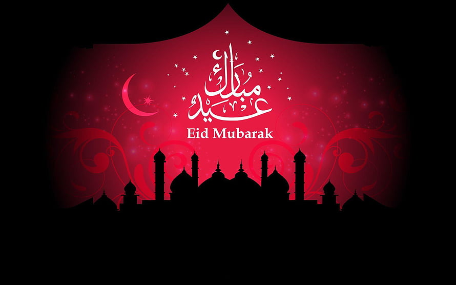 Eid Mubarak Greeting Card With Mosque Silhouette And Crescent Moon On Red Background HD wallpaper