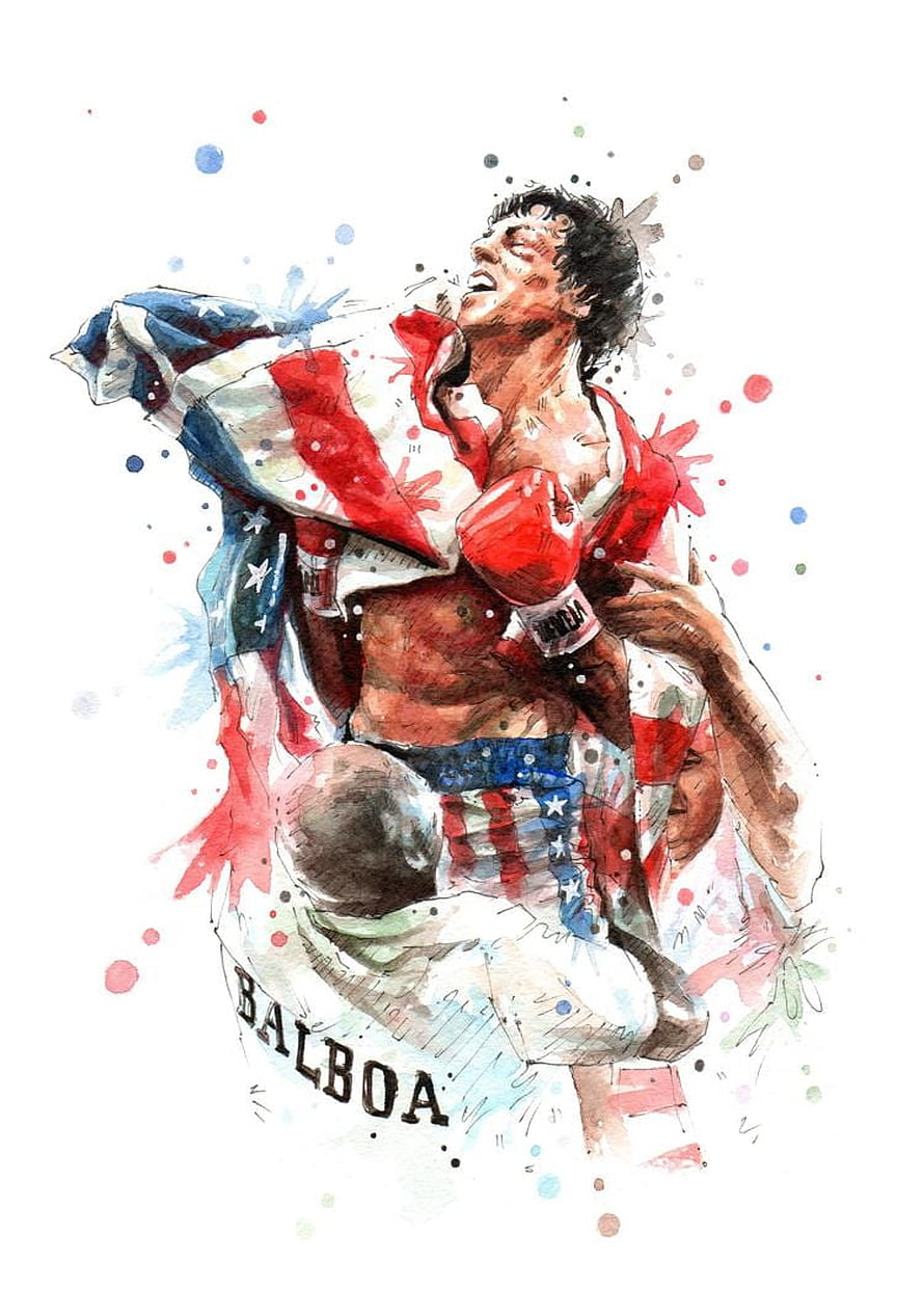 Rocky Balboa Watercolor Illustration Draped in American Flag HD phone wallpaper