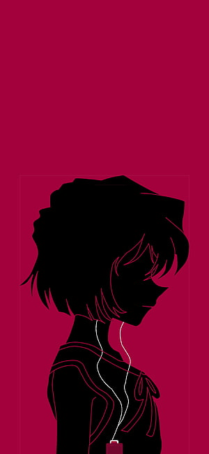 Ai Haibara Silhouette Profile with Earphones on Crimson Background HD phone wallpaper