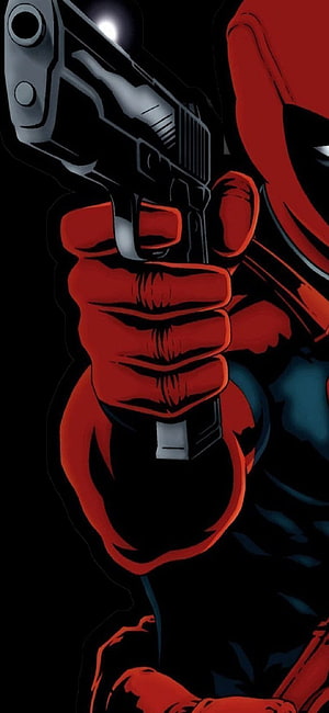 Deadpool Red Glove Holding Pistol in Dark Comic Style HD phone wallpaper