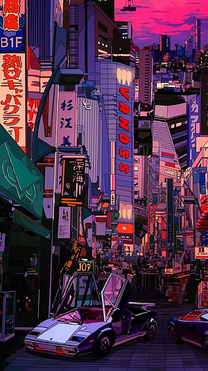 Cyberpunk Japanese Cityscape with Neon Signs and Futuristic Sports Car HD phone wallpaper