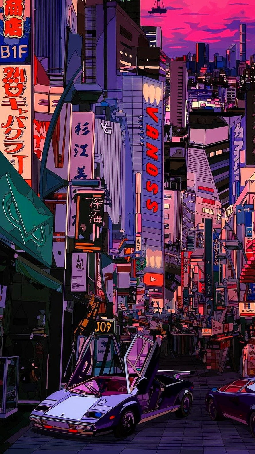 Cyberpunk Japanese Cityscape with Neon Signs and Futuristic Sports Car HD phone wallpaper