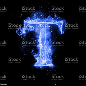 Glowing Blue Flame Letter T on Black Background with Sparking Embers HD phone wallpaper