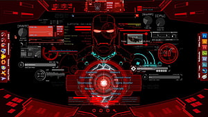 Iron Man JARVIS Futuristic Red HUD Interface with System Dashboard and Arc Reactor Core HD wallpaper