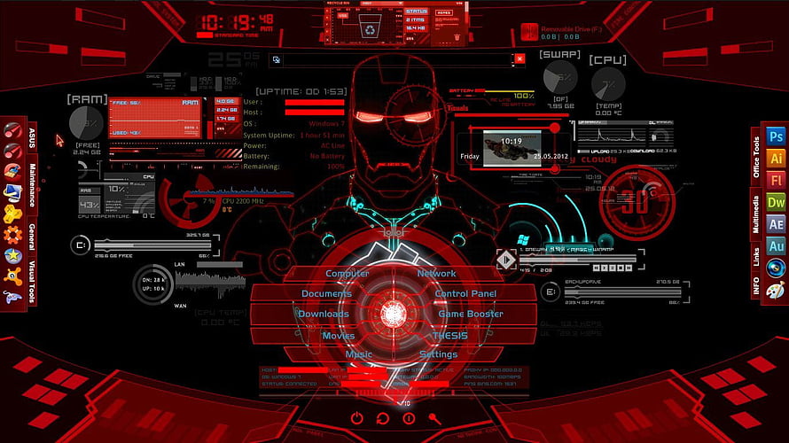 Iron Man JARVIS Futuristic Red HUD Interface with System Dashboard and Arc Reactor Core HD wallpaper