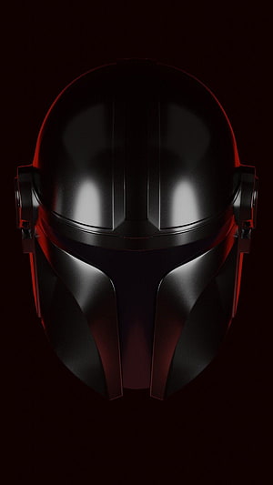Black Mandalorian Helmet with Dramatic Red Rim Lighting on Dark Background HD phone wallpaper