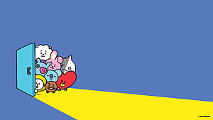 LINE Friends Characters Peeking From Blue Door On Yellow Floor HD wallpaper