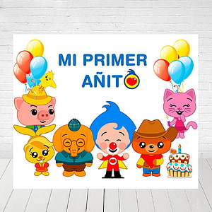 Plim Plim Cartoon Characters First Birthday Party Backdrop with Balloons and Cake HD phone wallpaper
