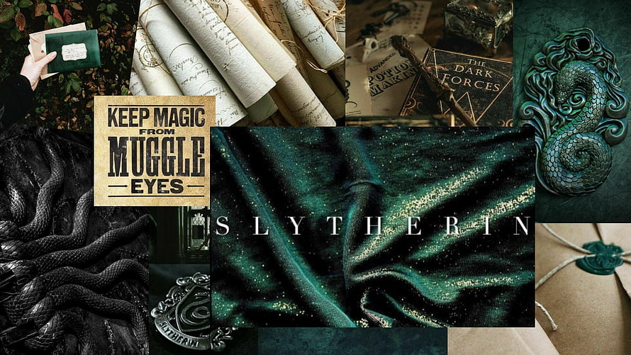 Slytherin House Aesthetic Collage Featuring Snakes, Dark Green Velvet, and Magical Artifacts HD wallpaper