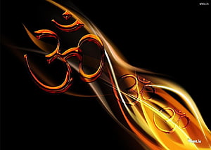 Glowing Om Symbol with Golden Light Trails on Black Background HD wallpaper