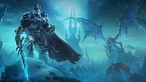World of Warcraft Lich King Fantasy Artwork with Skeletal Dragons and Frozen Citadel HD wallpaper