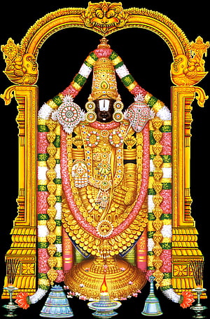 Venkateswara Swamy deity adorned in gold ornaments and floral garlands within a temple arch HD phone wallpaper