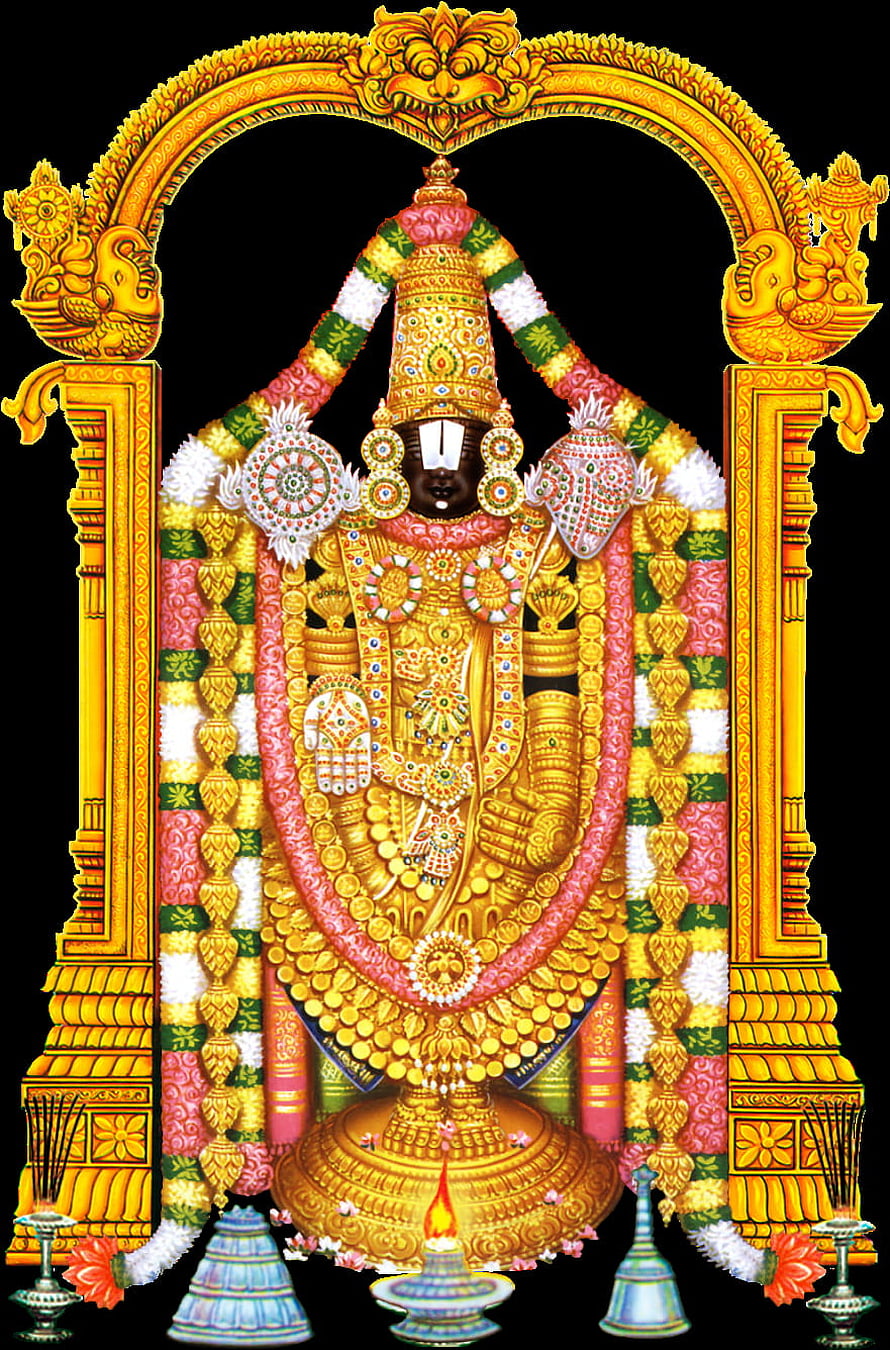 Venkateswara Swamy deity adorned in gold ornaments and floral garlands within a temple arch HD phone wallpaper