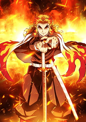Kyojuro Rengoku from Demon Slayer Standing in a Blaze of Fire with Katana HD phone wallpaper