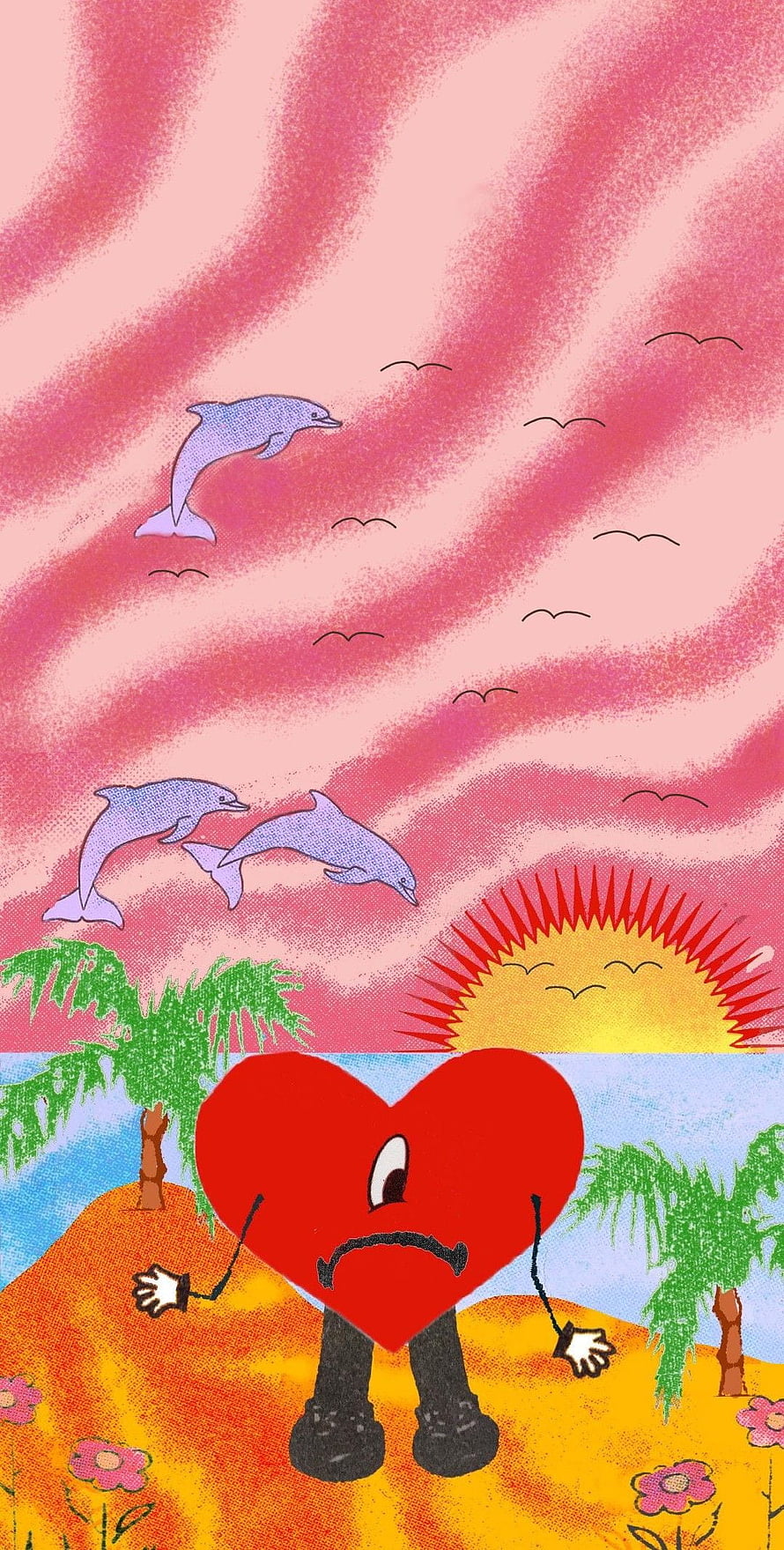 Un Verano Sin Ti Animated Heart Character on Tropical Island with Dolphins and Sunset HD phone wallpaper