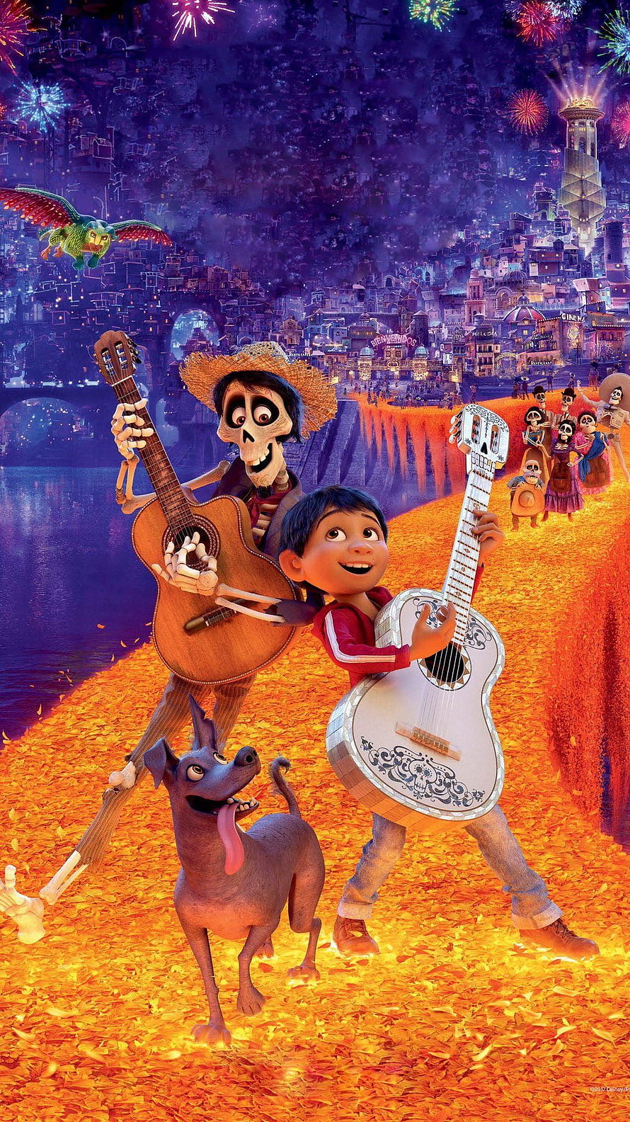 Miguel and Hector playing guitars on the marigold bridge in the Land of the Dead from Coco HD phone wallpaper