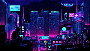 Neon Cyberpunk Cityscape in Vibrant Pixel Art Style with Silhouetted Figures HD wallpaper