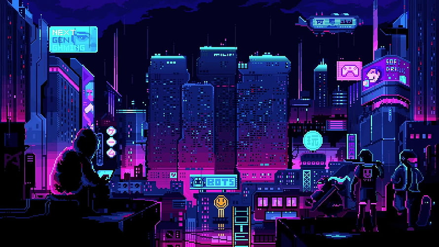 Neon Cyberpunk Cityscape in Vibrant Pixel Art Style with Silhouetted Figures HD wallpaper