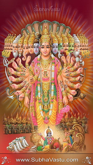 Dashavatar of Lord Vishnu with multiple heads and divine weapons in traditional Indian art HD phone wallpaper