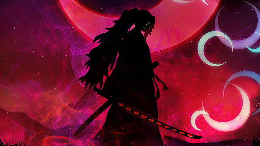 Kokushibo Demon Slayer Silhouette with Katana Against Crimson Moon and Swirling Energy HD wallpaper