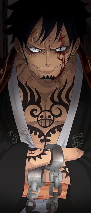 Trafalgar Law from One Piece in Chains with Bloodied Face and Chest Tattoo HD phone wallpaper