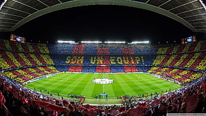 FC Barcelona Camp Nou Stadium Mosaic Display With Fans Creating Team Colors And Slogan HD wallpaper