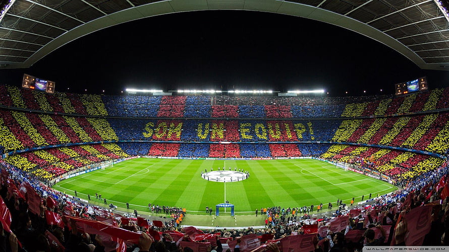 FC Barcelona Camp Nou Stadium Mosaic Display With Fans Creating Team Colors And Slogan HD wallpaper