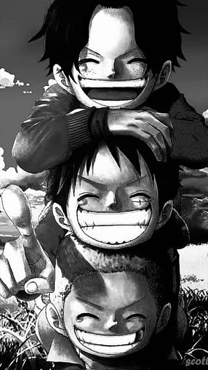 One Piece Childhood Trio: Ace, Luffy, and Sabo in Black and White Manga Art HD phone wallpaper