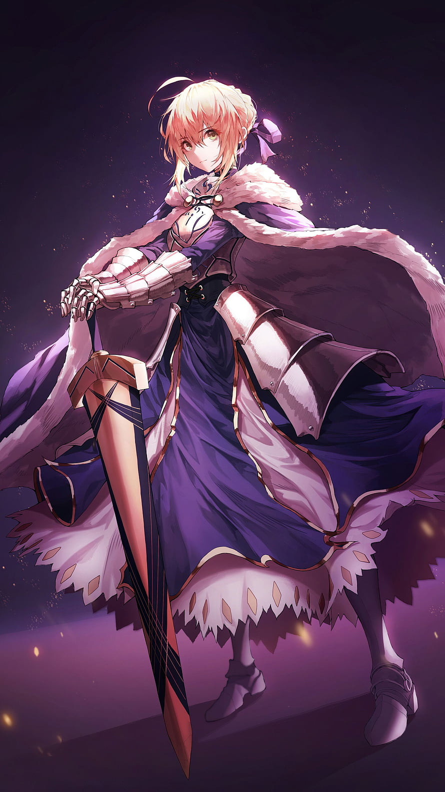 Saber from Fate/Stay Night in Purple Armor and Fur Cloak Holding a Sword HD phone wallpaper