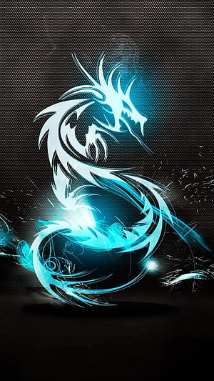 Glowing Cyan Dragon Spirit with Electric Energy on Dark Hexagonal Background HD phone wallpaper