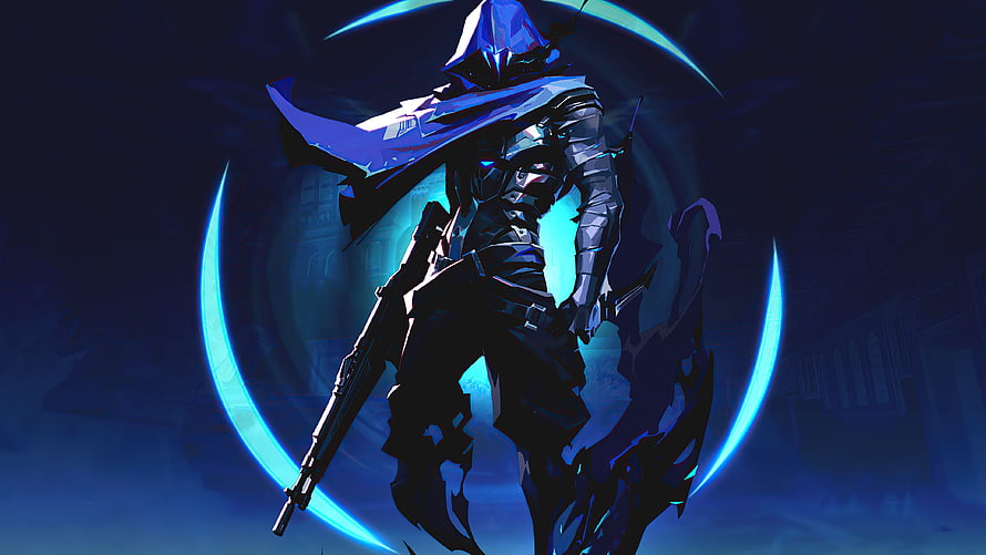 Valorant Agent in Dark Blue Armor with Glowing Crescent Ring and Rifle HD wallpaper