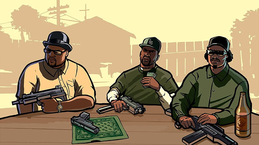 Grand Theft Auto San Andreas Three Characters At Table With Firearms And Cash HD wallpaper