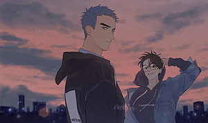 Here U Are Bl Manhwa Two Male Characters At Sunset City Skyline HD wallpaper