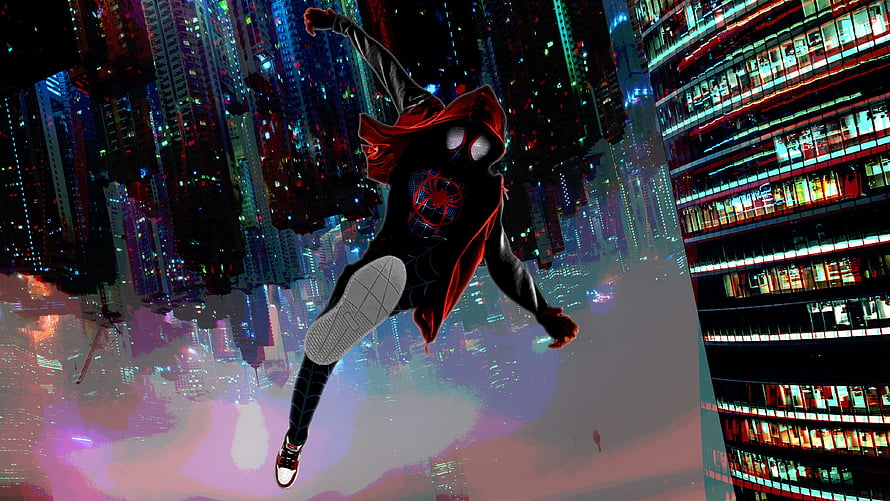 Miles Morales Spider-Man Leaping Through a Neon-Lit Cityscape at Night HD wallpaper