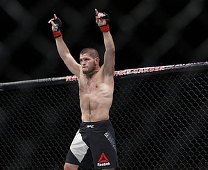 Khabib Nurmagomedov Celebrating Victory Inside the UFC Octagon Cage HD wallpaper