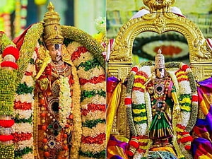 Meenakshi Amman and Sundareswarar deities adorned in vibrant floral garlands during temple festival HD wallpaper